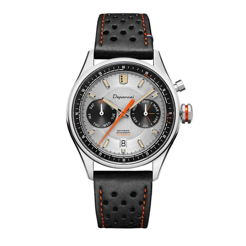 Montre Automatique DEPANCEL MONTRES Collection Allure Autosport bracelet cuir noir, packshot fond bl