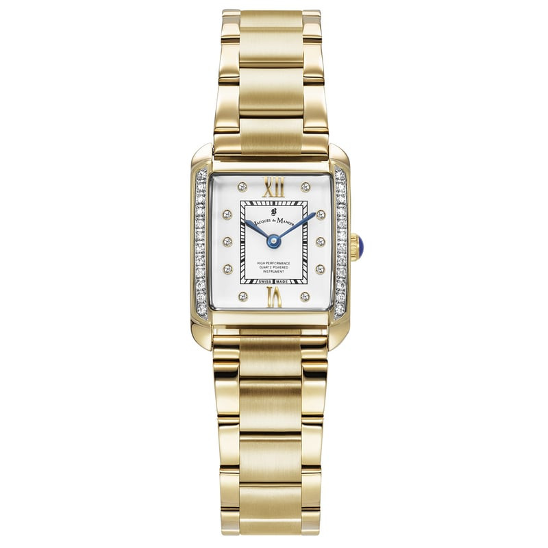 Packshot de la Montre Analogique JACQUES DU MANOIR Emily II bracelet acier doré, cadran blanc orné d