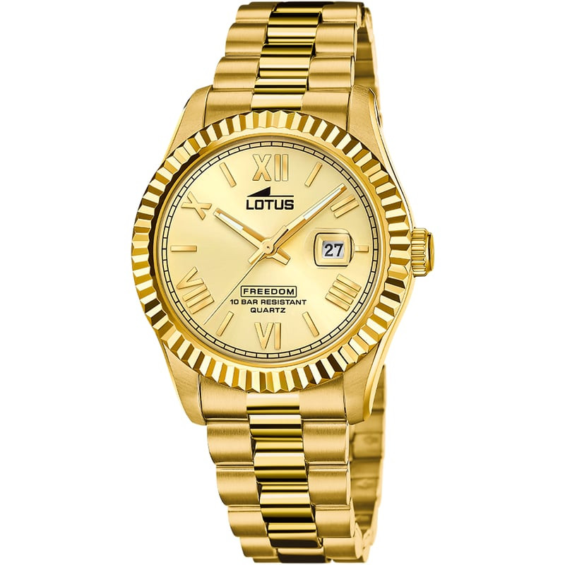 Packshot de la Montre Analogique LOTUS Collection Freedom Bracelet Acier Doré, cadran beige et boîti