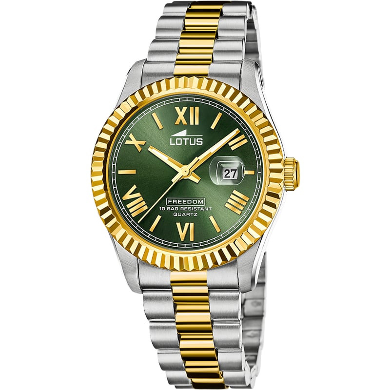 Packshot de la Montre Analogique LOTUS Collection Freedom bracelet acier doré avec cadran vert