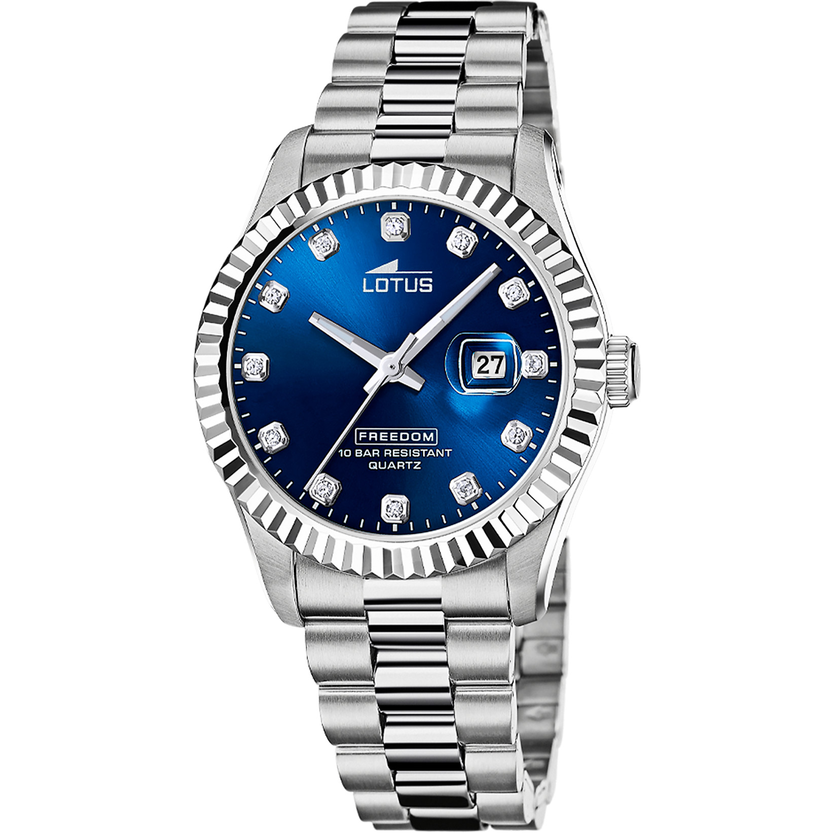 Lotus 19002/7 men's watch with blue sunray dial, crystal hour markers, fluted steel bezel and stainl