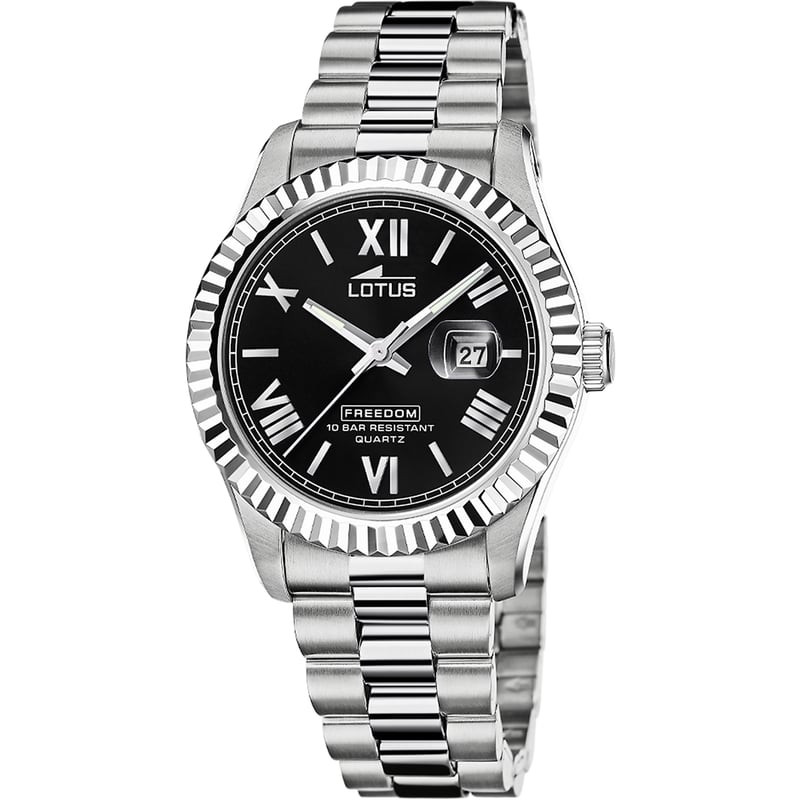Montre homme Lotus Freedom bracelet acier inoxydable, lunette cannelée argentée, cadran noir à chiff