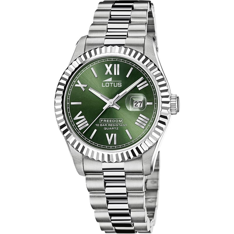 Montre homme Lotus Freedom à cadran vert dégradé, bracelet acier inoxydable argenté et lunette strié