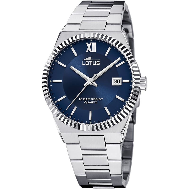 Montre homme Lotus Freedom avec cadran bleu, lunette cannelée argentée et bracelet en acier inoxydab