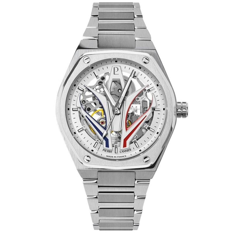Montre automatique homme Pierre Lannier Ardent argentée avec cadran blanc ajouré et bracelet en acie