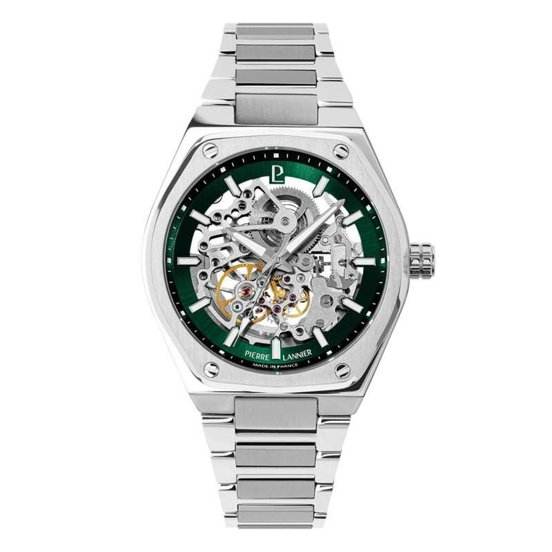 Montre automatique homme Pierre Lannier Copilote, cadran squelette vert et bracelet acier argenté, v