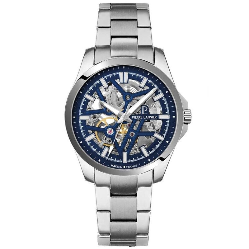 Montre Automatique PIERRE LANNIER Collection Skeletom bracelet acier argenté, packshot sur fond blan
