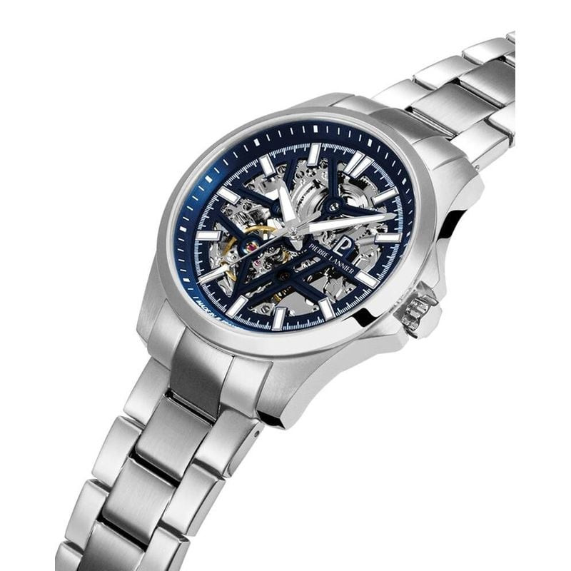 Montre Automatique PIERRE LANNIER Collection Skeletom bracelet acier argenté, packshot sur fond blan