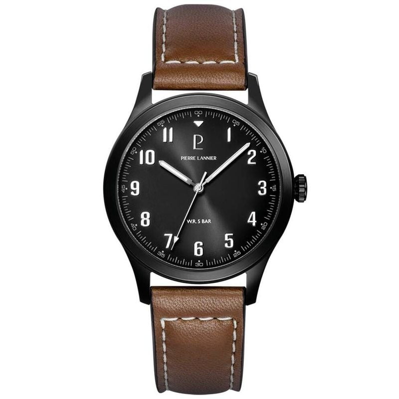 Montre homme Pierre Lannier Aviateur, boîtier en acier noir, cadran foncé, chiffres arabes blancs et
