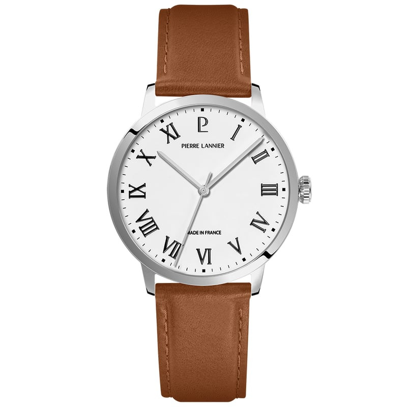 Montre homme Pierre Lannier Interval à quartz, boîtier argenté, cadran blanc, chiffres romains et br