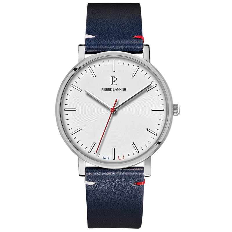 Montre homme Pierre Lannier Essential, boîtier argenté, cadran blanc, bracelet en cuir bleu et détai