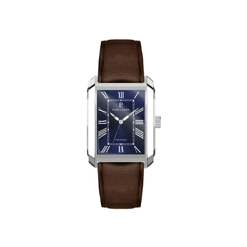 Packshot de la Montre Analogique PIERRE LANNIER Collection EMPIRE bracelet cuir marron sur fond blan