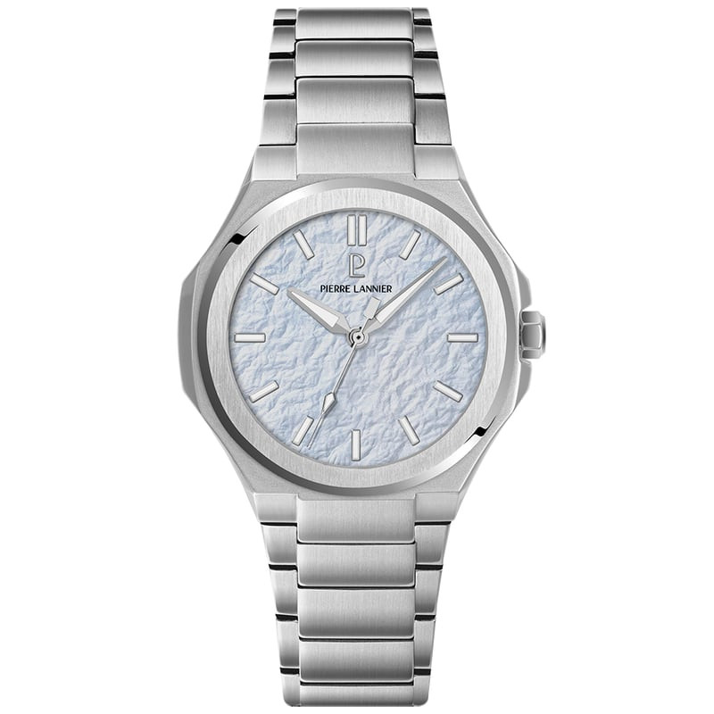 Packshot avant de la montre homme Pierre Lannier Graphite, bracelet en acier argenté et cadran bleu 