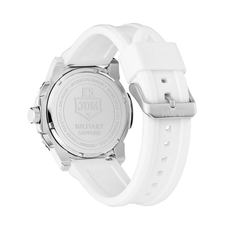 Détail de la Montre Analogique JDM MILITARY Collection Mike Plus bracelet acier argenté, cadran noir