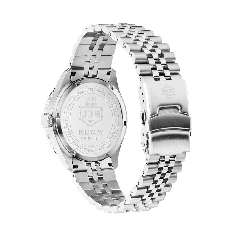 Fond de boîte et fermoir de la montre JDM Military Wingman avec gravure Swiss Made et bracelet en ac