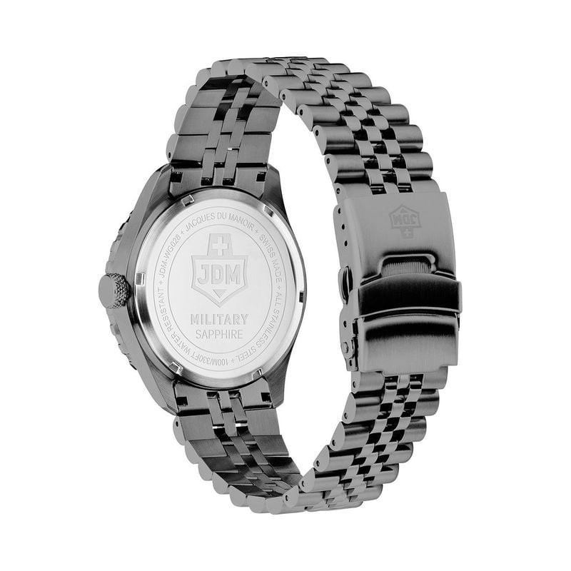 Détail du cadran noir et du bracelet en acier de la Montre Analogique JDM MILITARY Collection Wingma