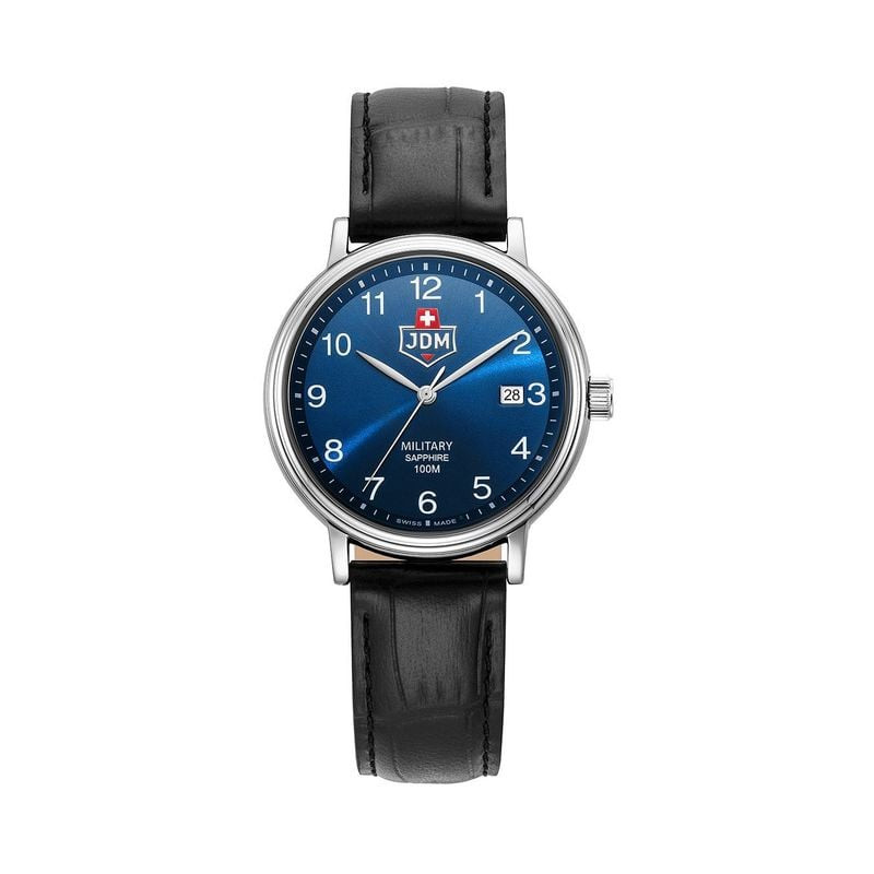 Montre homme JDM Military Kilo II vue de face, cadran bleu sunray, aiguilles argentées, guichet date