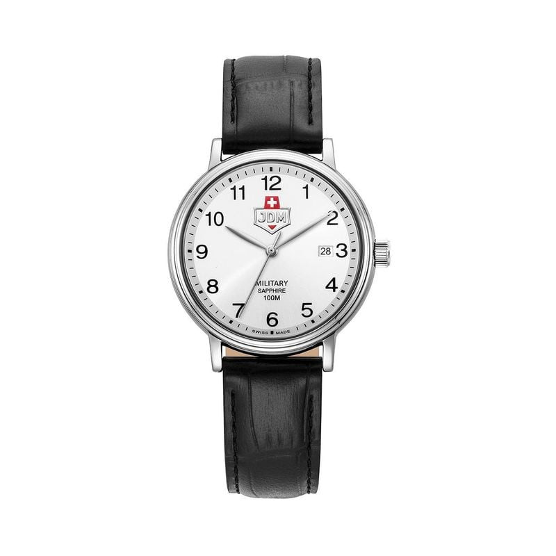 Packshot de la Montre Analogique JDM MILITARY Collection Kilo II bracelet cuir noir, cadran blanc.