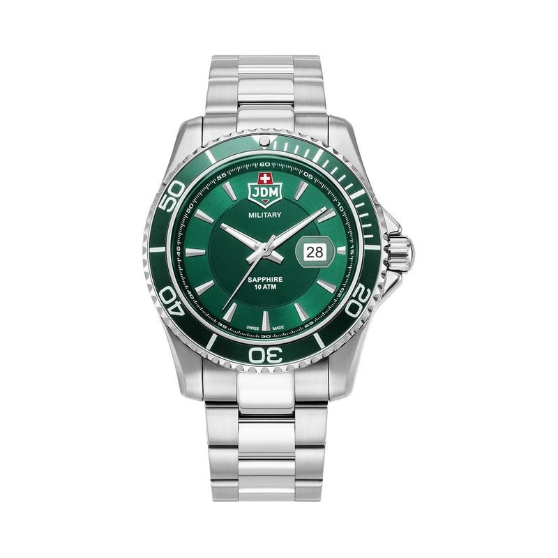 Montre homme JDM Military Sierra, cadran vert, boîtier et bracelet en acier inoxydable argenté, vue 
