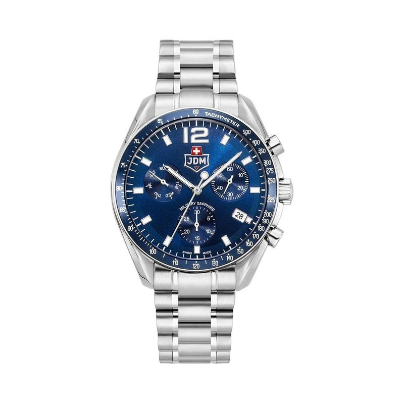 Montre Analogique JDM MILITARY collection Swiss Precision bracelet acier argenté, packshot sur fond 