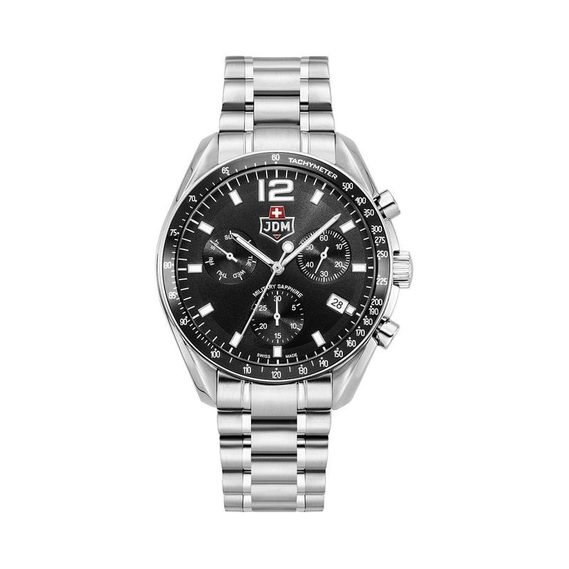Packshot de la Montre Analogique JDM MILITARY bracelet acier argenté, vue de face, cadran noir.