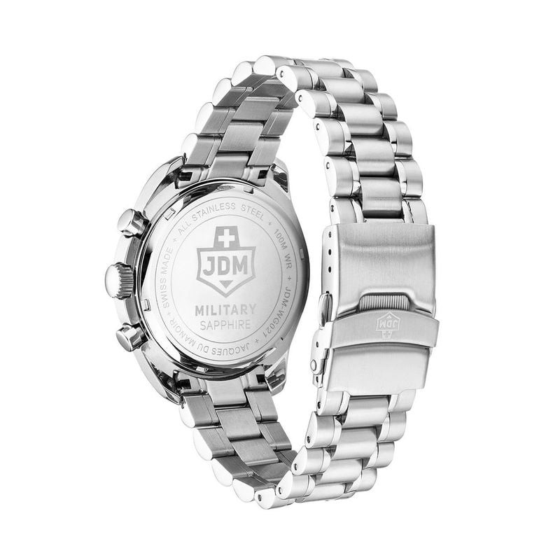 Packshot de la montre analogique JDM MILITARY avec bracelet acier argenté, cadran noir et boîtier in