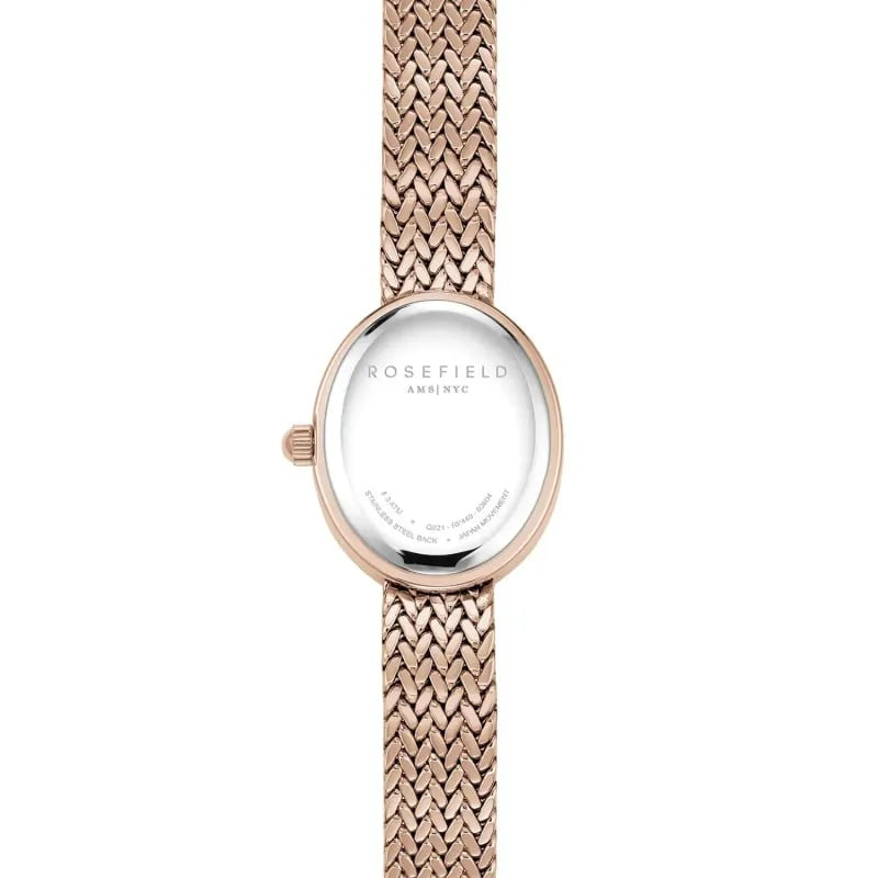 Montre Analogique ROSEFIELD Collection Mini Oval Bracelet Acier Doré Rose, détail du cadran nacré et