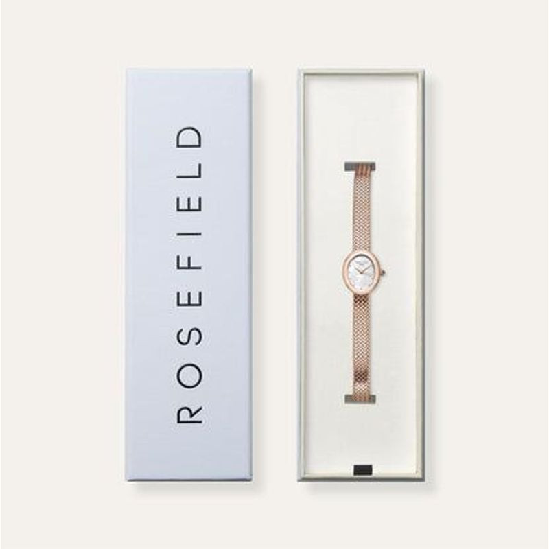 Montre Analogique ROSEFIELD Collection Mini Oval Bracelet Acier Doré Rose : élégance dorée sur fond
