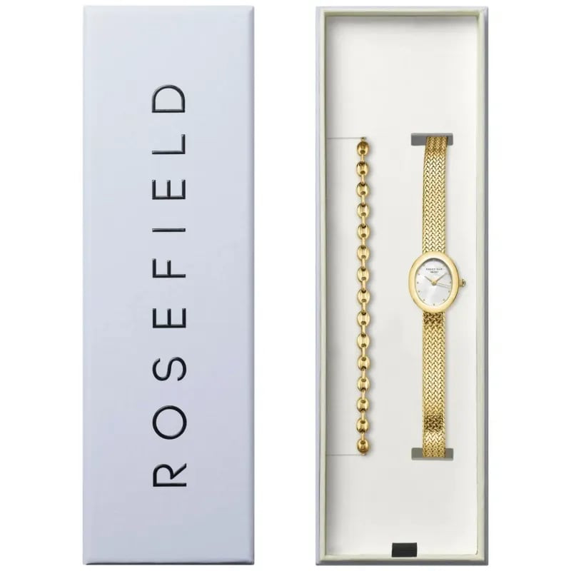 Coffret Rosefield ouvert avec montre Mini Oval dorée, cadran blanc, bracelet milanais et bijou Coffe