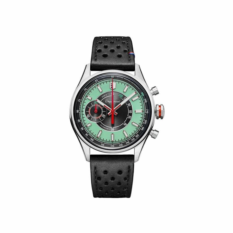 Vue de face du chronographe Depancel Allure 39 avec cadran vert menthe et bracelet cuir racing noir 