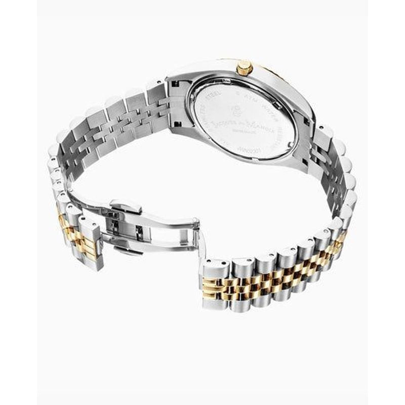 Vue arrière de la montre Jacques Du Manoir avec fond de boîtier gravé et fermoir de bracelet bicolor