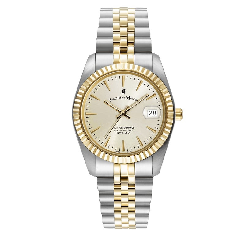 Montre Analogique JACQUES DU MANOIR Collection Inspiration bracelet acier bicolore sur fond blanc