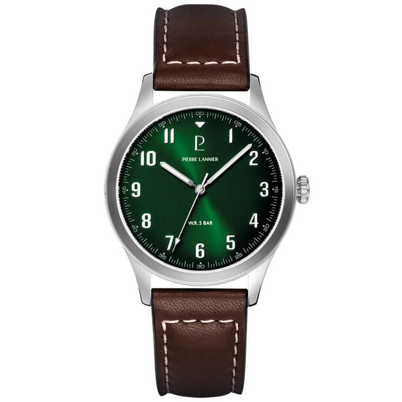 Vue de face de la montre homme Pierre Lannier Aviateur, boîtier en acier argenté, cadran vert et bra