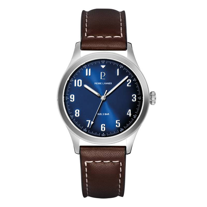 Montre Analogique PIERRE LANNIER Collection AVIATEUR bracelet cuir marron