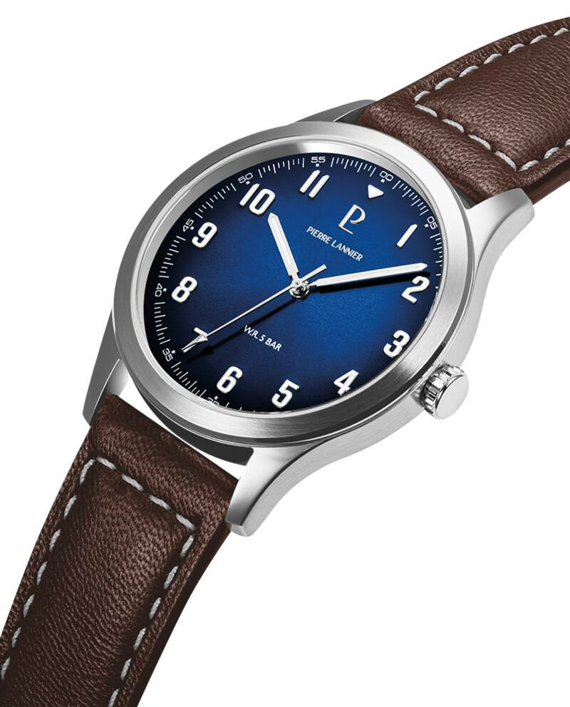 Montre Analogique PIERRE LANNIER Collection AVIATEUR bracelet cuir marron