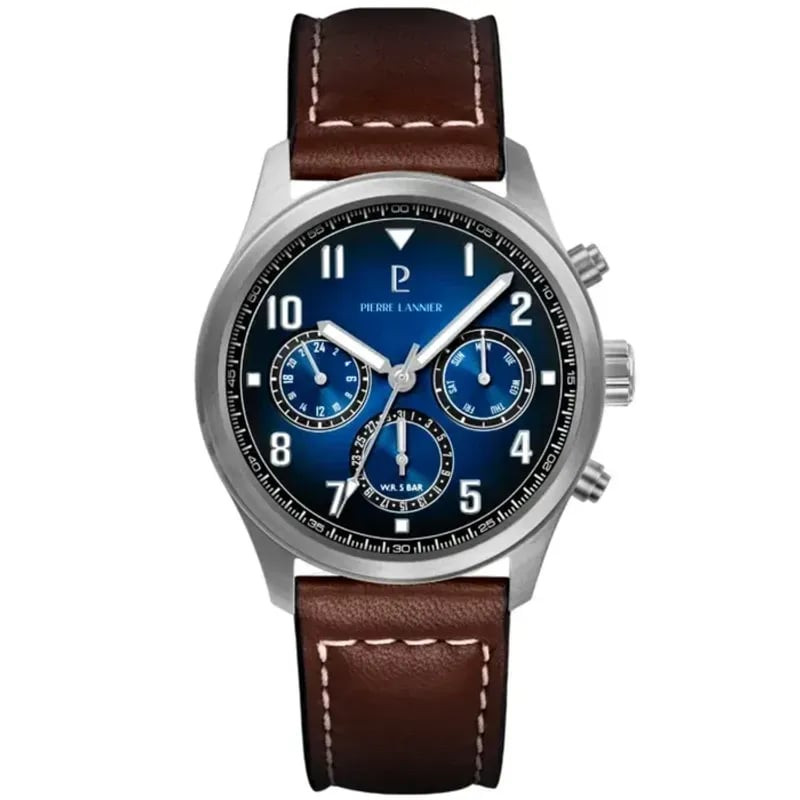 Montre homme quartz Pierre Lannier Aviateur, boîtier acier argenté, cadran bleu soleillé, 3 compteur