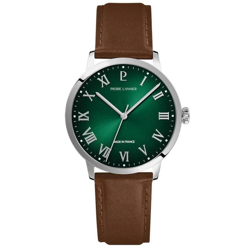 Packshot avant de la montre Pierre Lannier Interval : cadran vert soleillé, boîtier acier argenté et