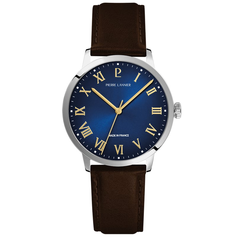 Montre homme Pierre Lannier Interval : boîtier argenté, cadran bleu soleillé, chiffres dorés et cuir