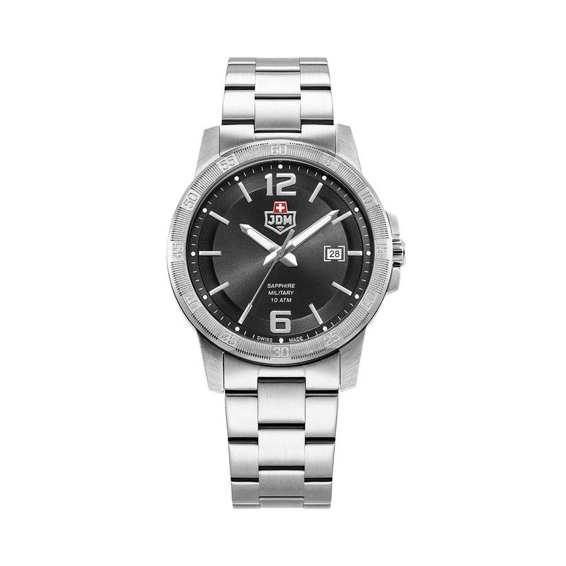 Montre Analogique JDM MILITARY Collection Oscar bracelet acier argenté sur fond blanc