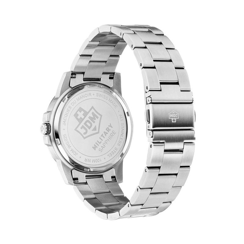 Montre Analogique JDM MILITARY Collection Oscar bracelet acier argenté, packshot sur fond blanc