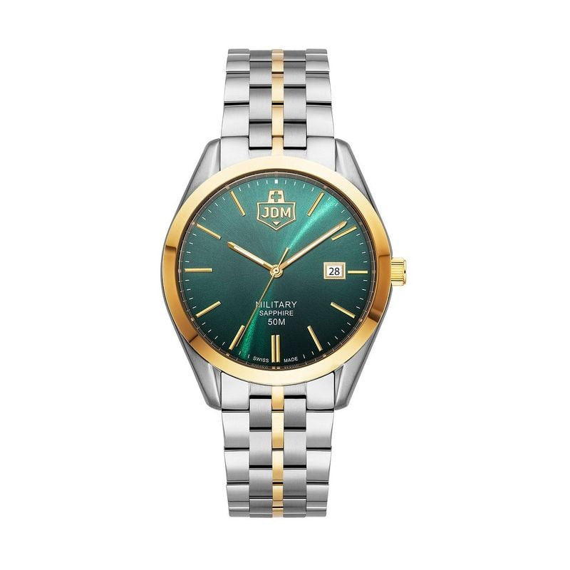 Vue de face de la montre homme JDM Military Interlaken avec cadran vert soleillé et bracelet bicolor