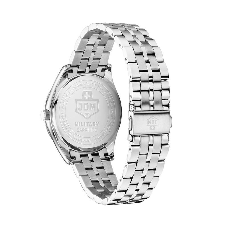 Détail de la Montre Analogique JDM MILITARY Collection Interlaken Bracelet acier argenté, cadran noi