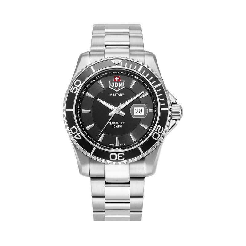 Montre Analogique JDM MILITARY Collection Sierra bracelet acier argenté, packshot sur fond neutre.