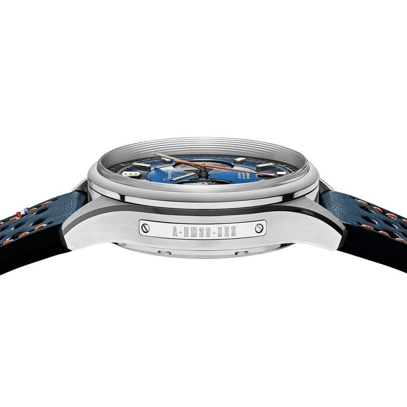 Profil de la montre Depancel Autosport Blue en acier avec boîtier 39 mm, couronne et gravure A-DM39-