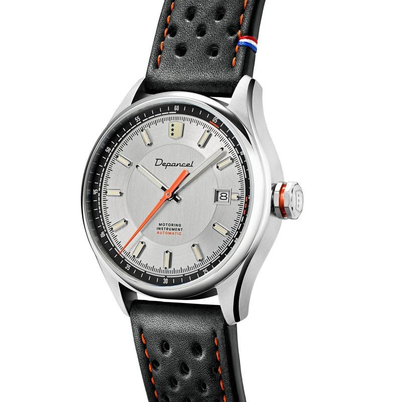 Montre automatique Depancel Autosport Date Silver, cadran argenté, trotteuse orange et bracelet en c