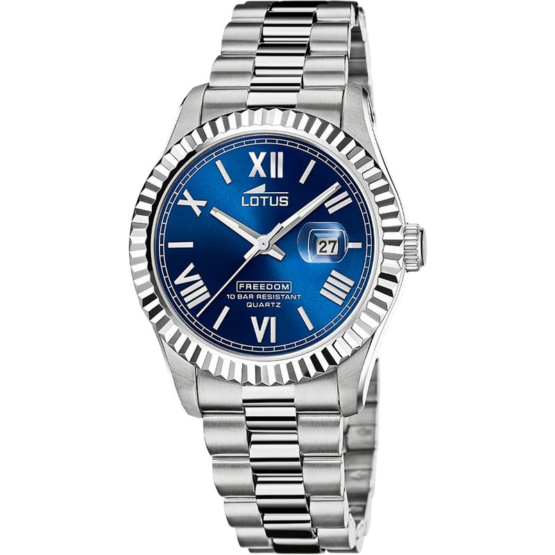 Montre homme Lotus Freedom bracelet acier inoxydable, lunette cannelée et cadran bleu à chiffres rom