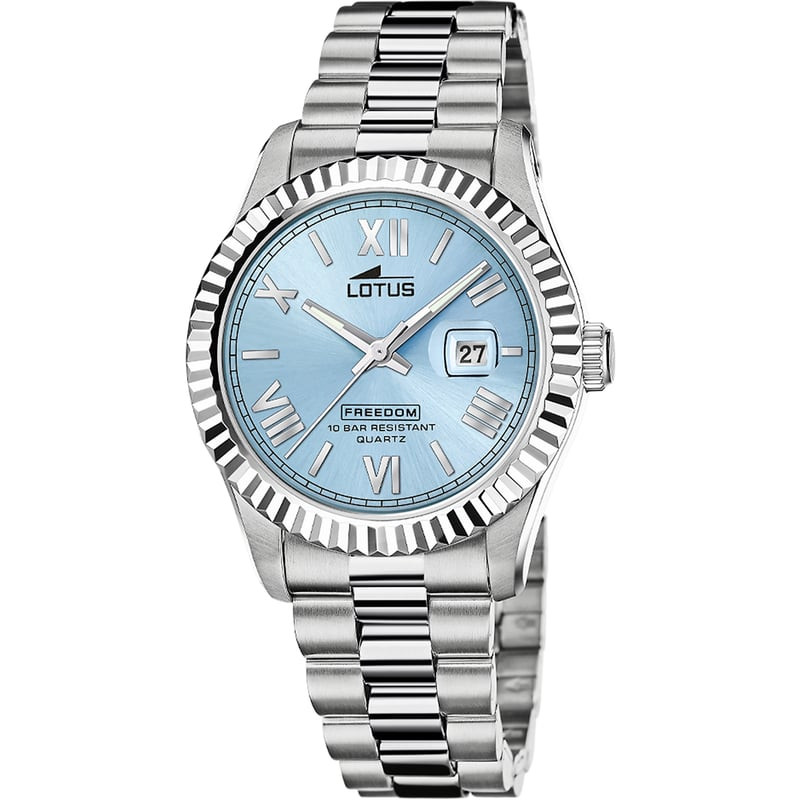 Montre homme Lotus Freedom en acier inoxydable, cadran bleu clair, chiffres romains, lunette cannelé