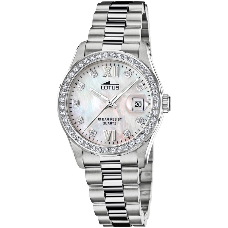 Montre femme Lotus Freedom en acier argenté, cadran nacré et lunette sertie de zircons, vue de face