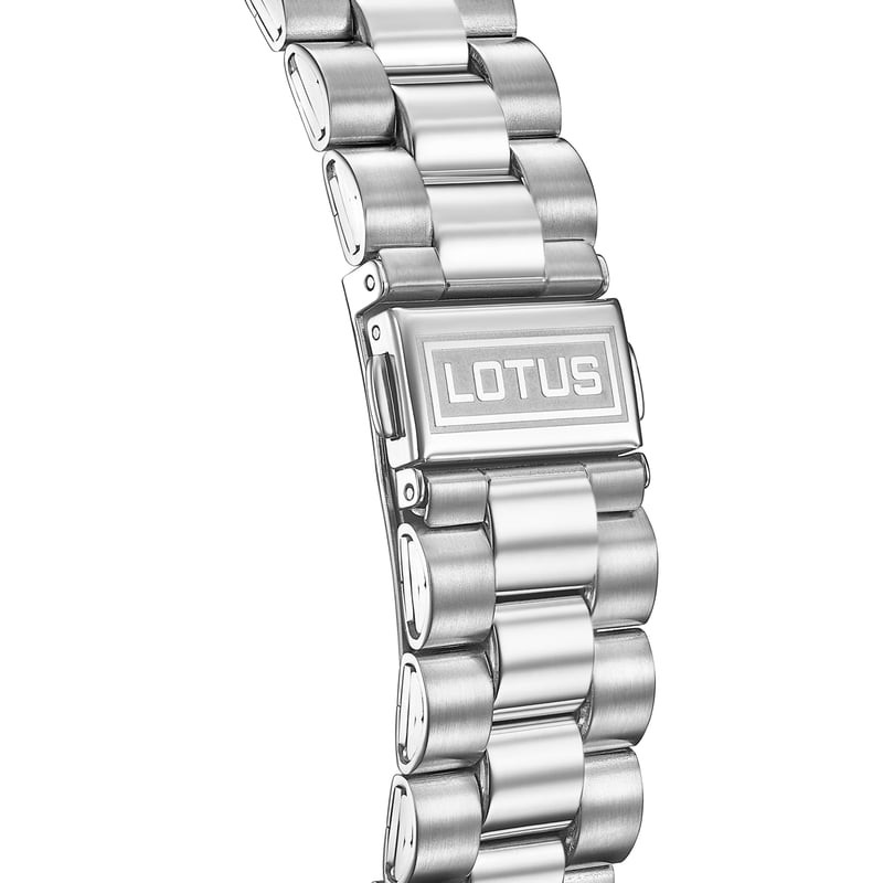 Gros plan sur le bracelet en acier inoxydable brossé et poli de la montre Lotus Freedom avec fermoir