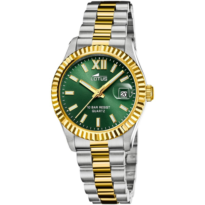 Packshot de la Montre Analogique LOTUS Collection Freedom bracelet acier bicolore, cadran vert, vue 